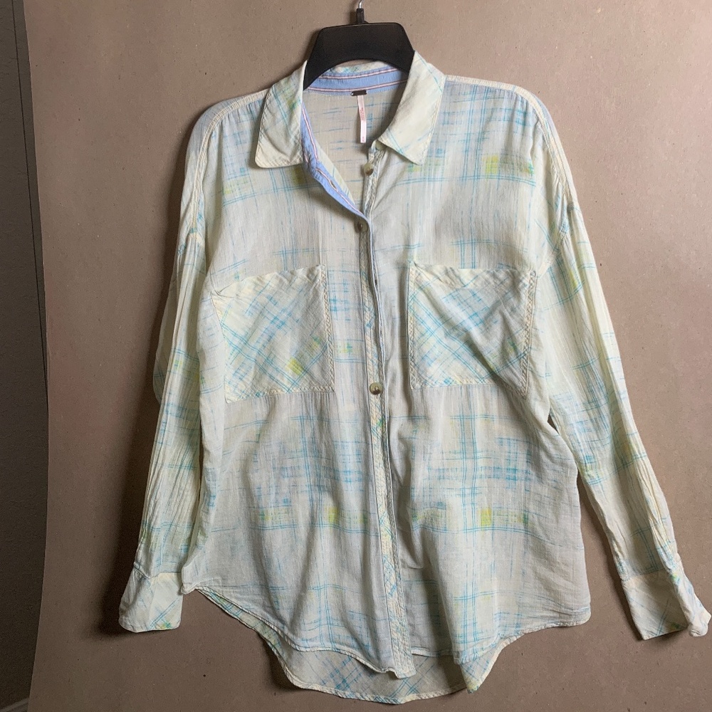 Free People Shore Vibes Lemon Yellow and Blue Plaid Sheer Beachy Shirt M